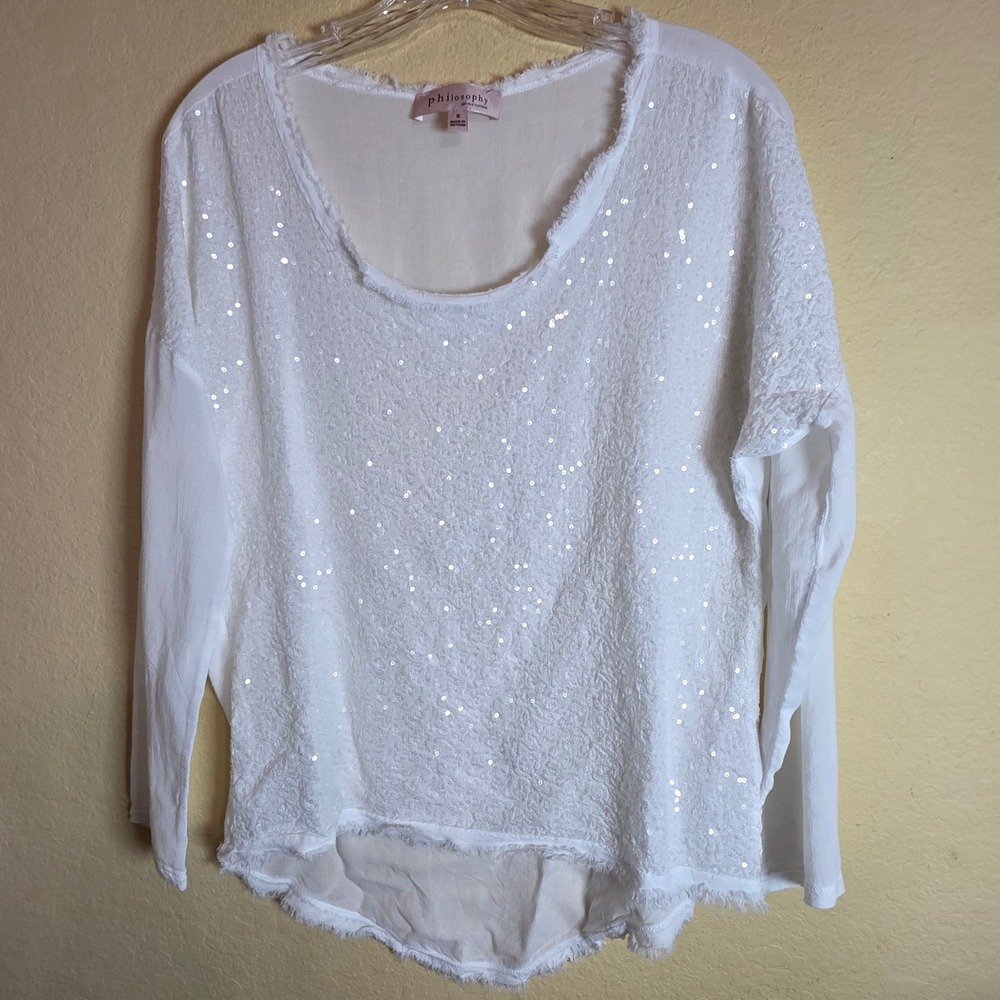 Philosophy White sheer layer Sequin layering Top Small Frayed whimsy fairy